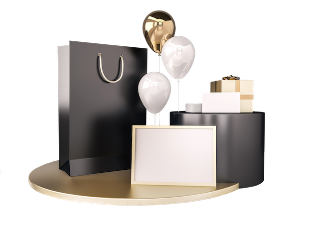 Einkaufstasche, Luftballons und Geschenke